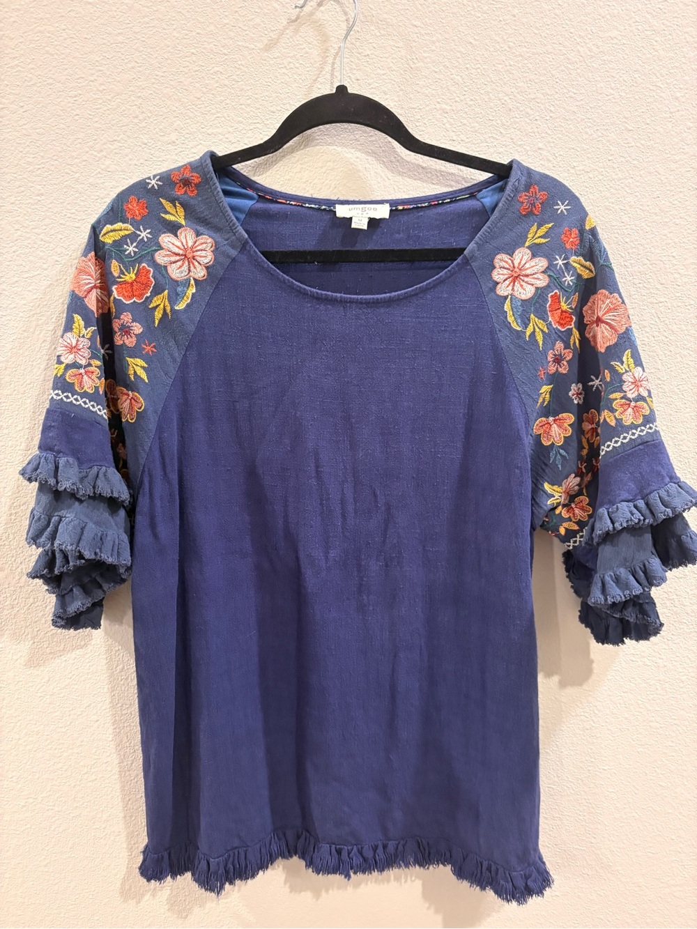 Umgee Navy Blue Ruffle Sleeve Embroidered Tee